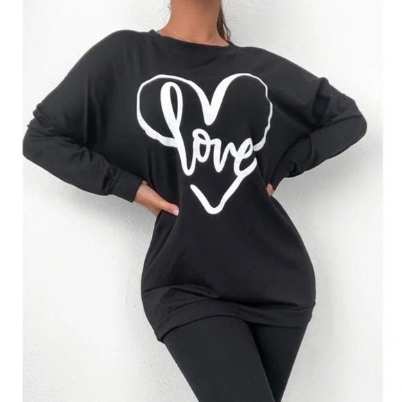 Black Love Print Long Sleeve Loose Fit Oversized Sweatshirt Top - Picture 5 of 10